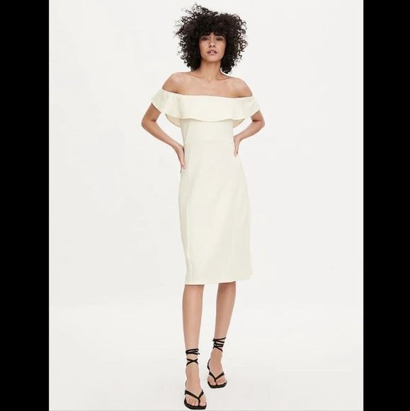 ZARA Textured Weave Sheath Midi Dress Ruffle Off The Shoulder Bridal Wedding M - Picture 2 of 10